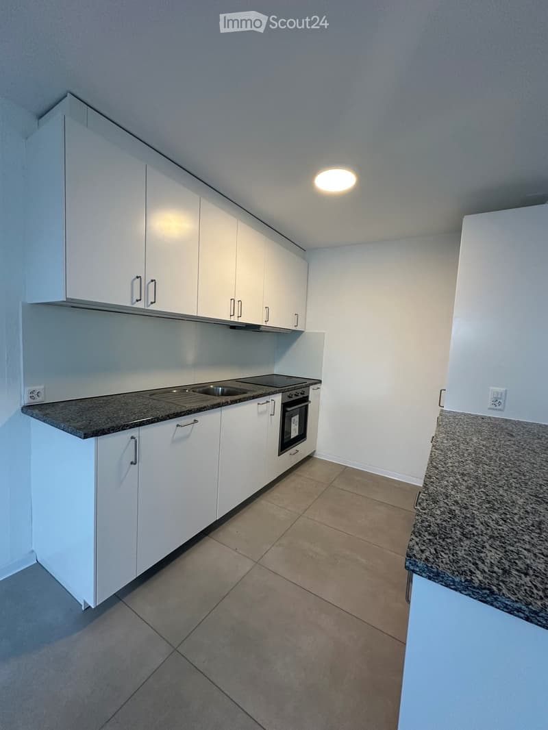 Modern kitchen with white cabinets, granite countertop, built-in oven, and stainless steel sink.