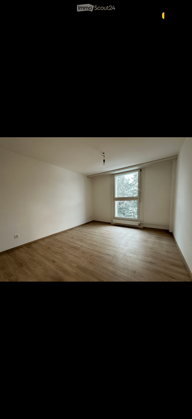 Empty room with wooden flooring, white walls, and a large window with a view of trees.