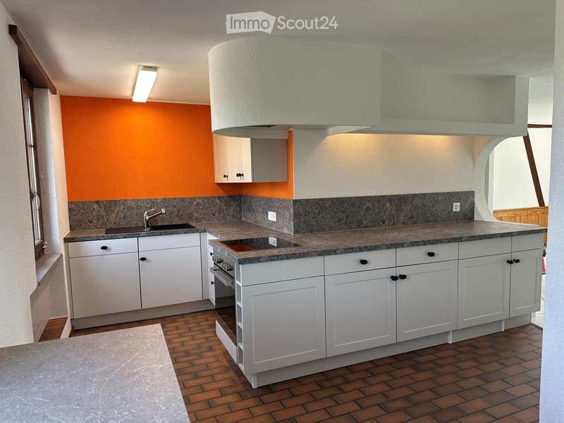Modern kitchen with white cabinets, granite countertops, and a central island. Features a sink, faucet, and built-in oven. The walls are painted in a warm orange color with a gray backsplash.