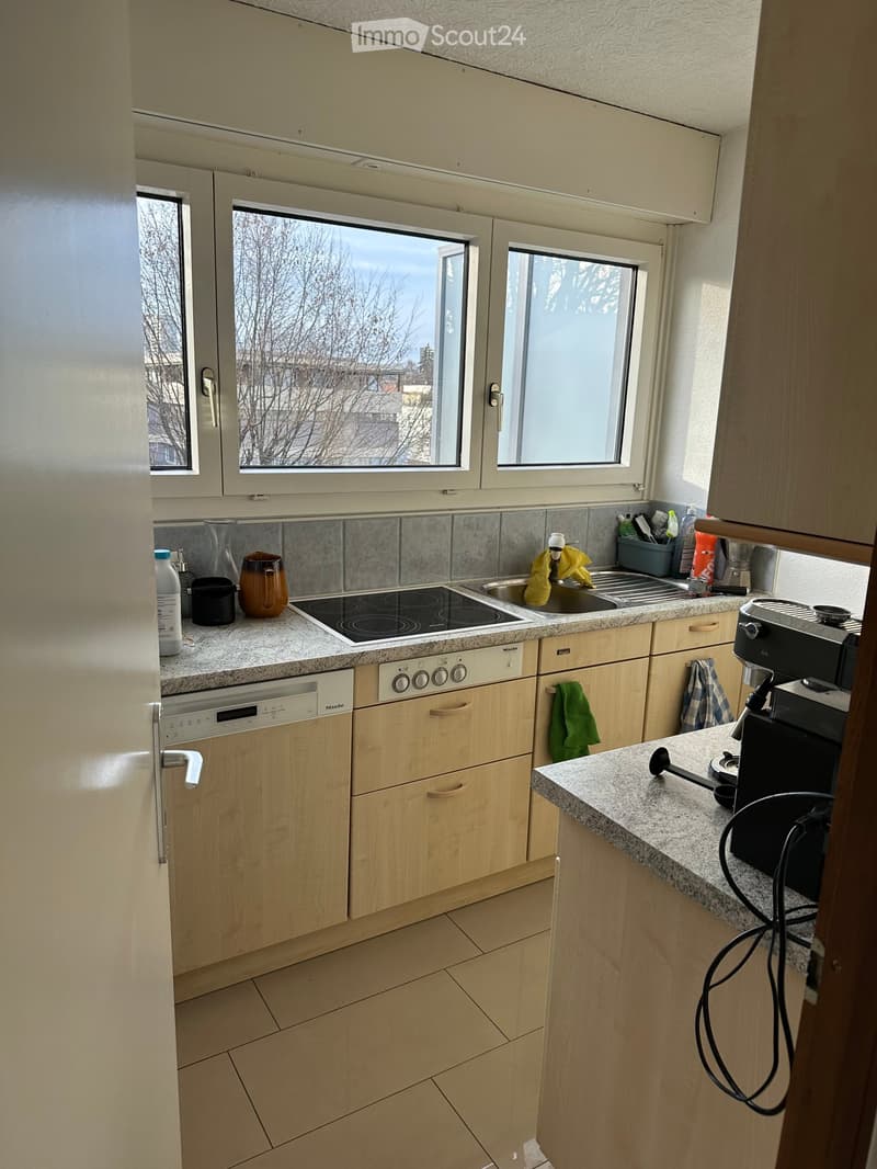 Modern kitchen with light wooden cabinets, granite countertops, induction stove, dishwasher, and coffee machine.