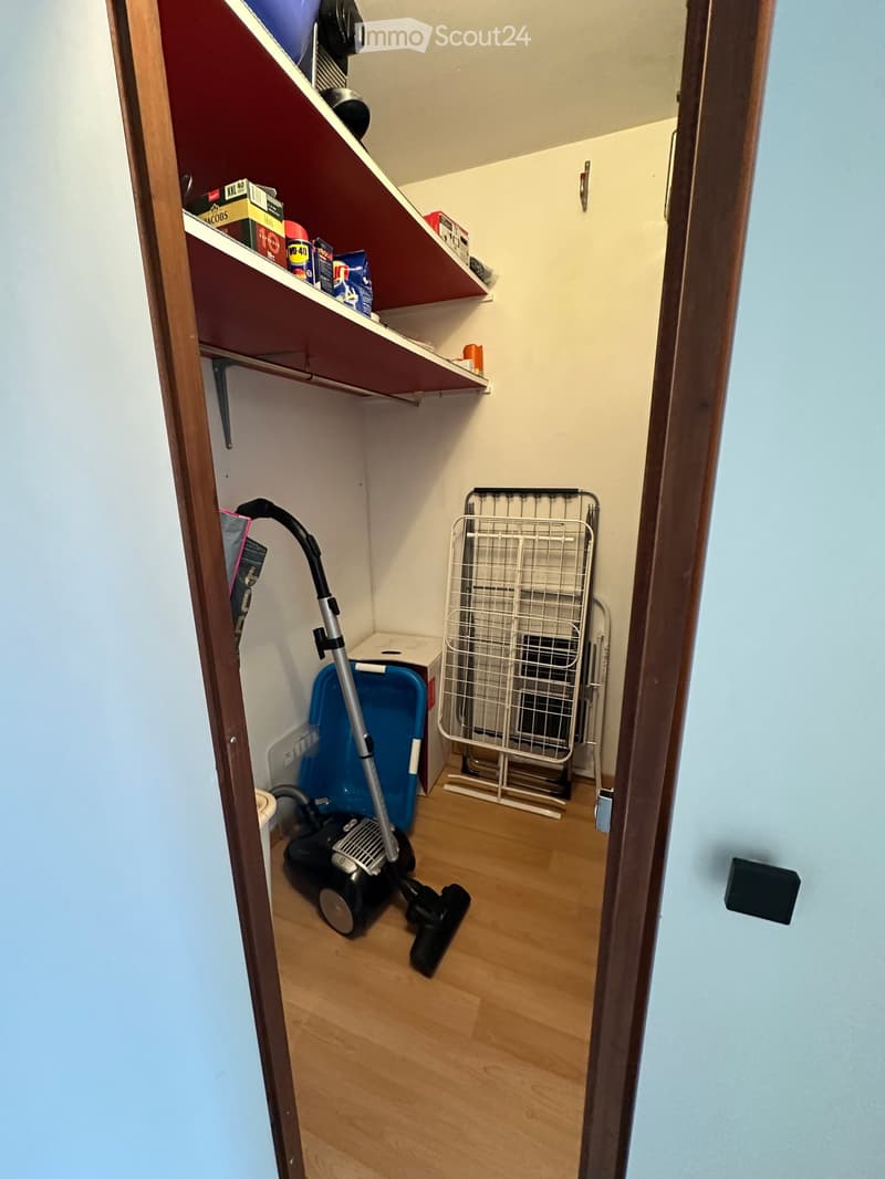 A small utility or storage room with wooden flooring, light-colored walls, and built-in storage shelves holding various items. A vacuum cleaner and a radiator are visible.