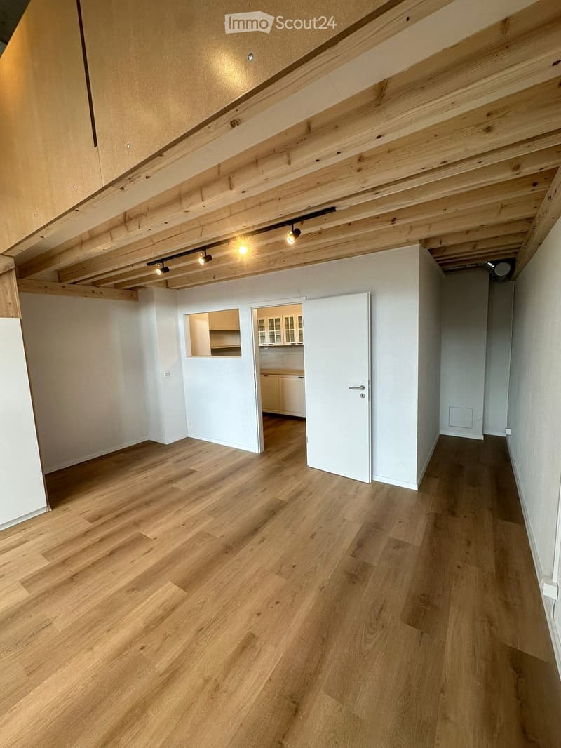 Empty hallway with light wooden flooring, white walls, exposed wooden beams on the ceiling, and recessed lighting. Doors lead to adjacent rooms, including a kitchen area with cabinets and a countertop.