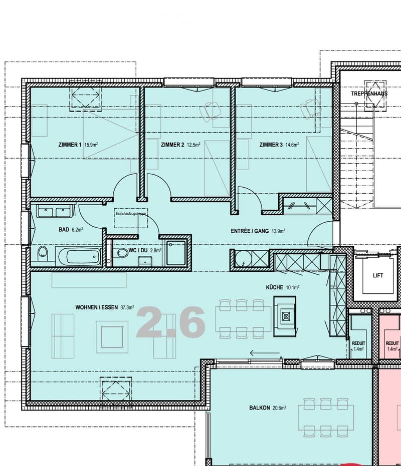 Floor plan of a residential unit featuring three bedrooms, a bathroom, a kitchen, a living/dining area, a hallway, a balcony, and a staircase leading to a terrace.