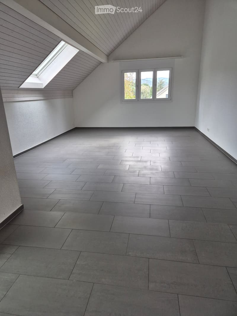 Empty room with grey tiled floor, white walls, and a skylight window. No furniture or equipment present.
