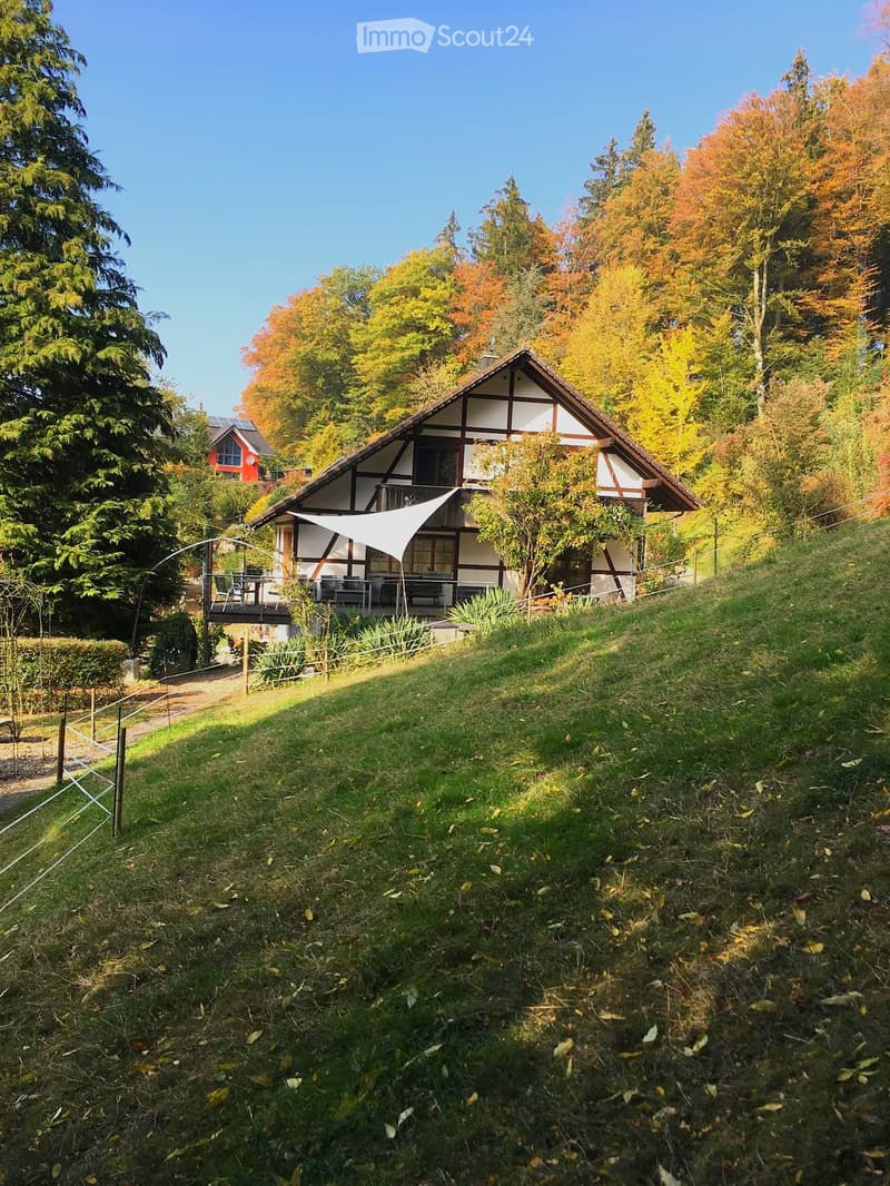 Traditional half-timbered house with a pitched roof, surrounded by autumn-colored trees and a grassy slope.