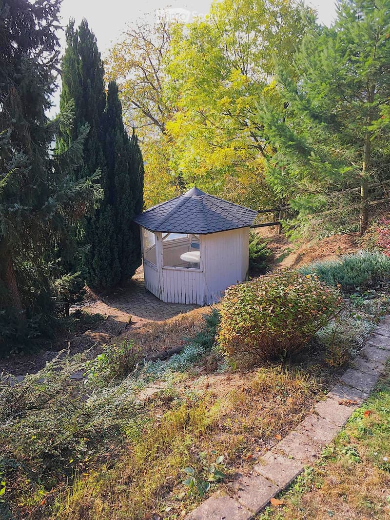 A small white gazebo with a black roof is situated in a lush garden, surrounded by tall trees and greenery. A stone pathway leads to the gazebo, and the area is well-maintained with various plants and shrubs.