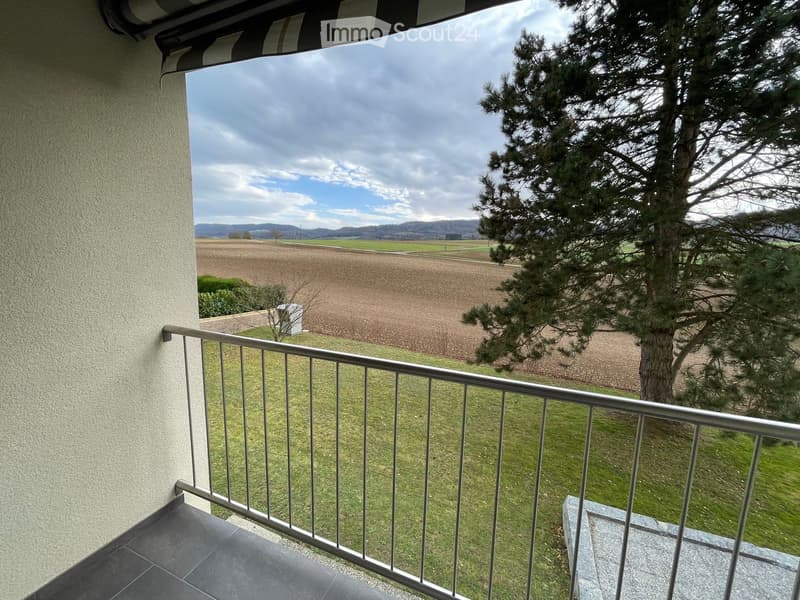 Balcony with metal railing, overlooking a grassy area, a tree, and a cultivated field with distant hills under a partly cloudy sky.