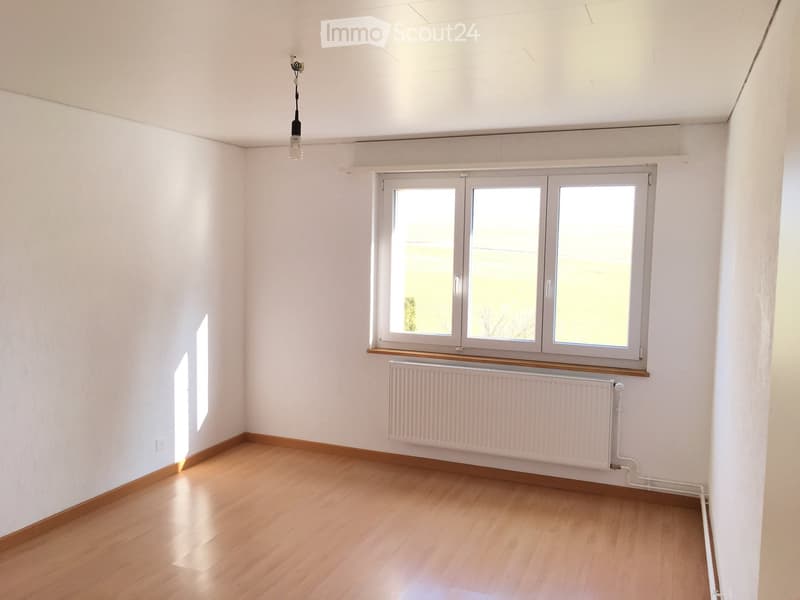 Empty room with light wooden flooring, white walls, and a large window with three panes. A radiator is mounted below the window, and a single pendant light hangs from the ceiling.