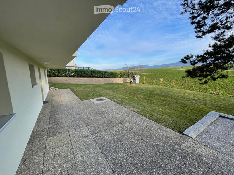 A modern outdoor patio area with a stone-tiled walkway leading to a well-maintained lawn, surrounded by a low concrete wall and a hedge, with a view of open fields and distant mountains.