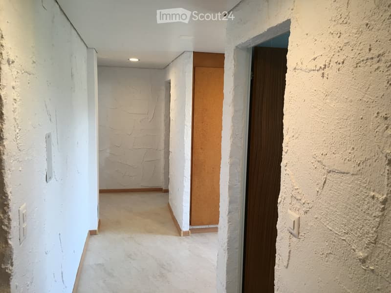 Empty hallway with white walls, concrete floor, and a single wooden door at the end.