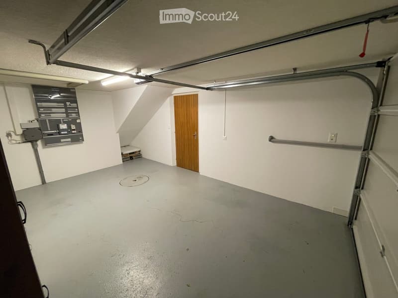 Empty garage with white walls, grey floor, wooden door, electrical panel, and overhead garage door mechanism.