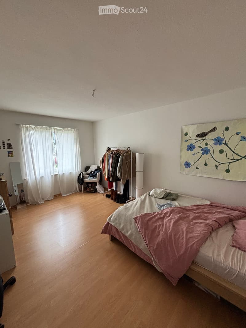 Spacious bedroom with wooden flooring, a neatly made bed with pink bedding, a large mirror, a wardrobe, and a chair.
