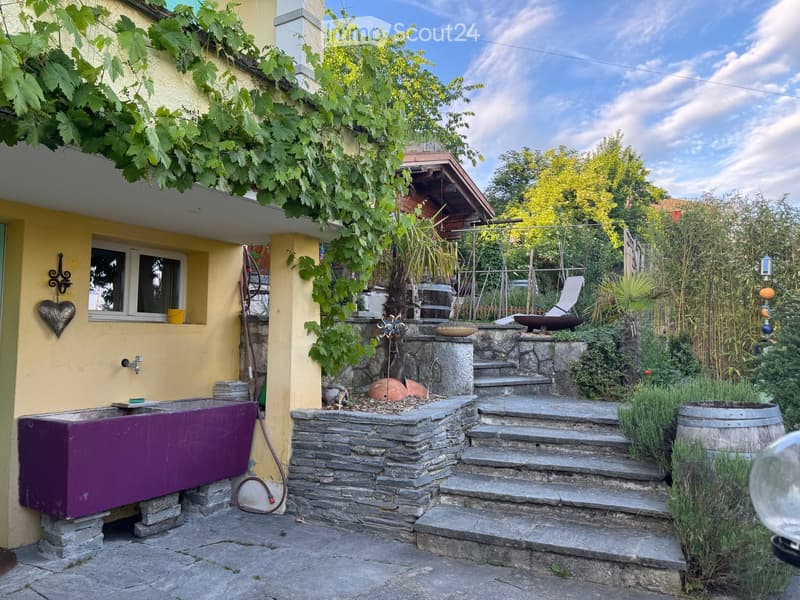Garden area with stone steps, climbing vines, decorative items, and a purple container near the house.