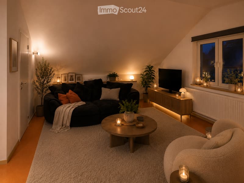 Modern living room with a black sectional sofa, wooden coffee table, armchair, side table, TV, and decorative plants.