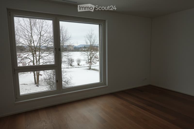 Empty room with wooden flooring and large windows overlooking a snowy landscape.