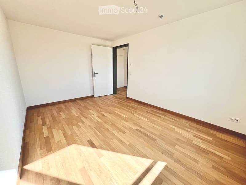 empty room, hardwood floor, white walls, open door, white power outlet