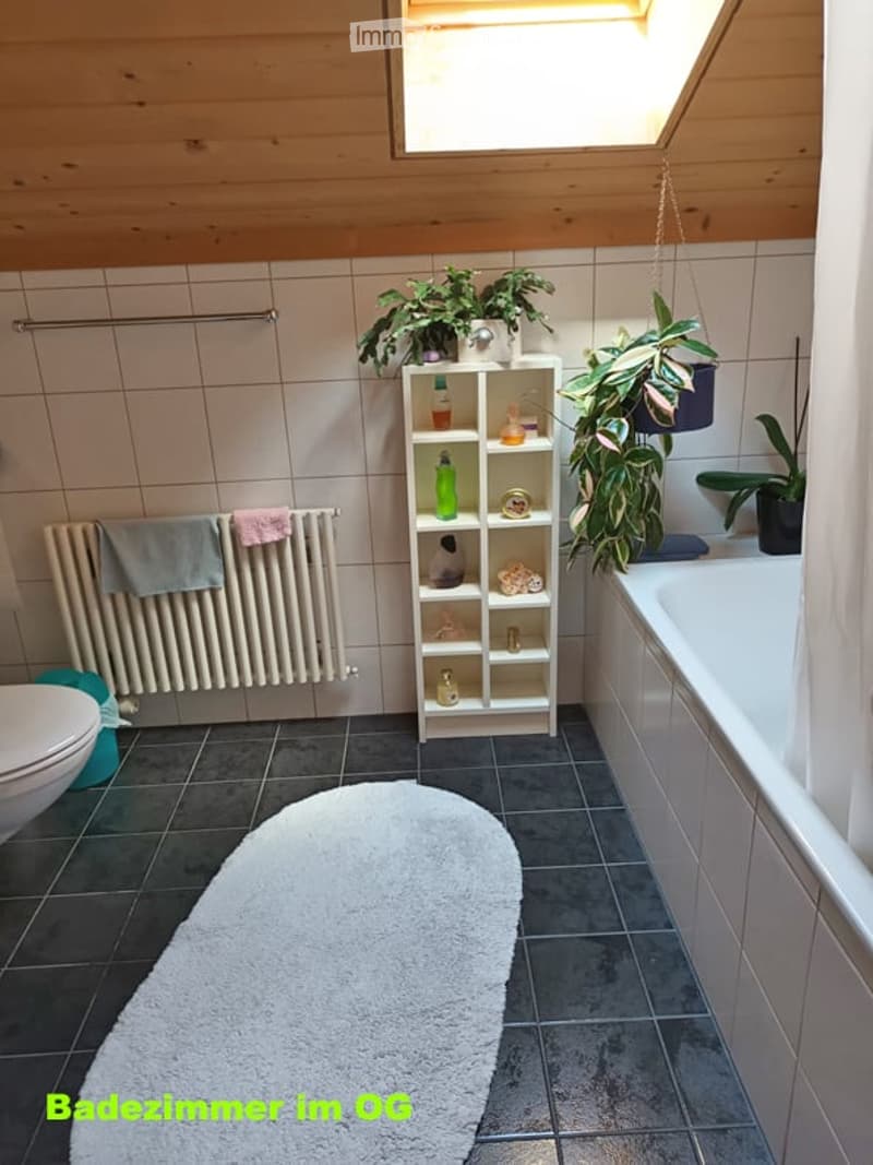 Bathroom with a toilet, bathtub, radiator, bathroom shelf, and a white bath mat on the floor. The room features tiled walls and a skylight window above the bathtub.