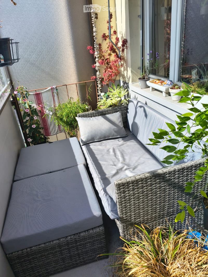 Balcony with a wicker sofa, cushions, and several potted plants, including flowering shrubs and succulents.