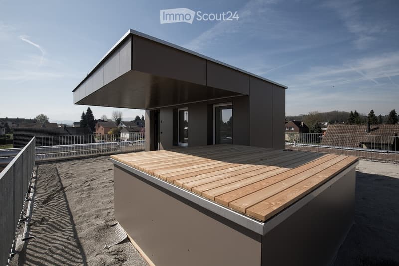 Building. Modern two-story building with a flat roof and large windows, featuring a wooden deck area on the roof.