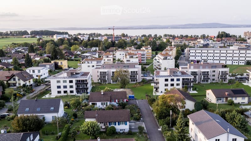 Building. Aerial view of a residential neighborhood with a mix of single-family homes and apartment buildings, surrounded by greenery and a body of water in the background.