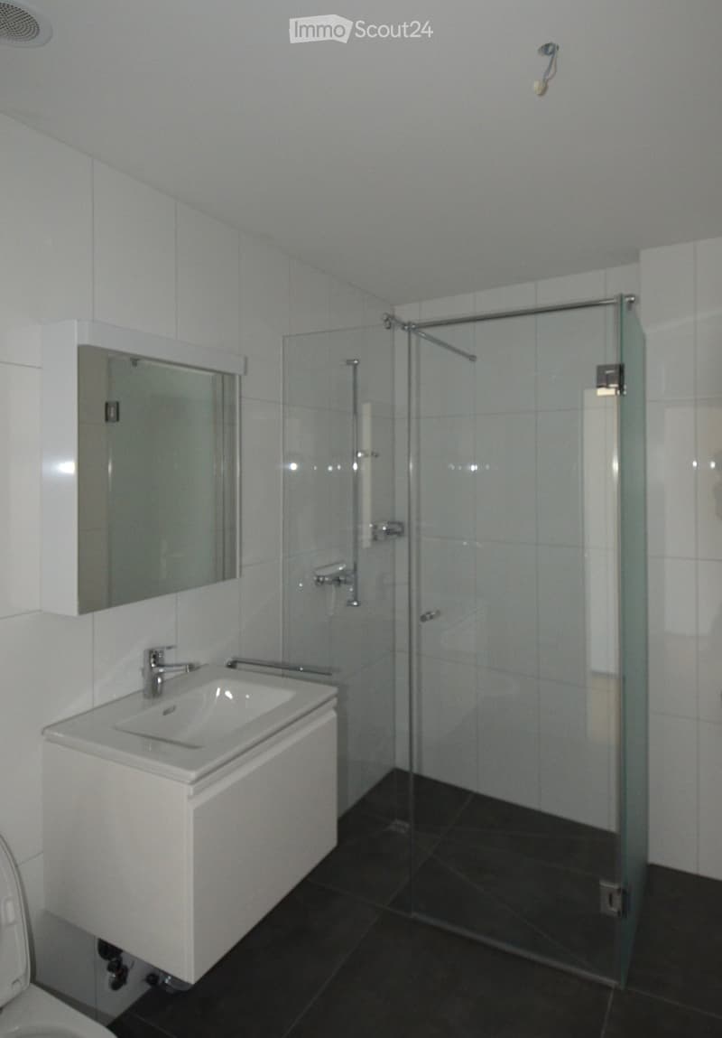 Bathroom. Modern bathroom with white tiles, a white sink with a mirror, a glass-enclosed shower, and a toilet.