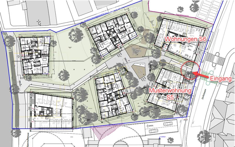 Entrance, Musterwohnung, Wohnungen S6, multiple buildings, parking spaces, trees