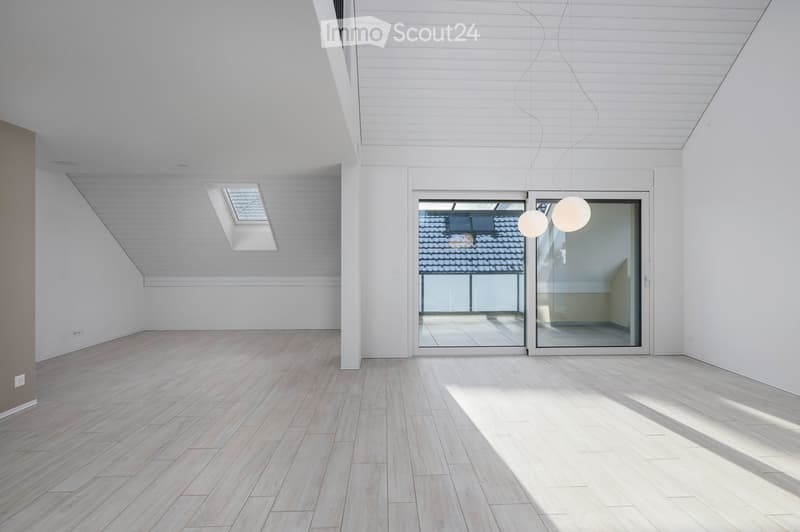 Bright, empty room with wooden flooring, white walls, and large glass doors leading to an outdoor area. Features a skylight and modern pendant lights.