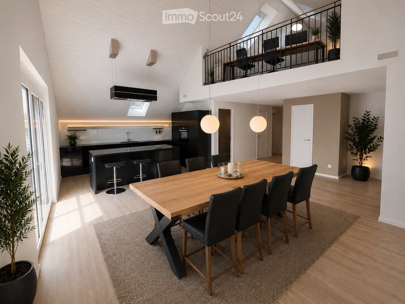 Modern open-plan living and dining area with a wooden dining table, black chairs, kitchen island, pendant lights, and a balcony overlooking the space.