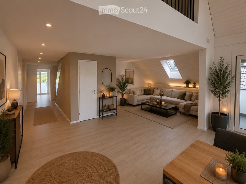 Modern living room with light wood flooring, a sectional sofa, coffee table, side table, floor lamp, and potted plants.