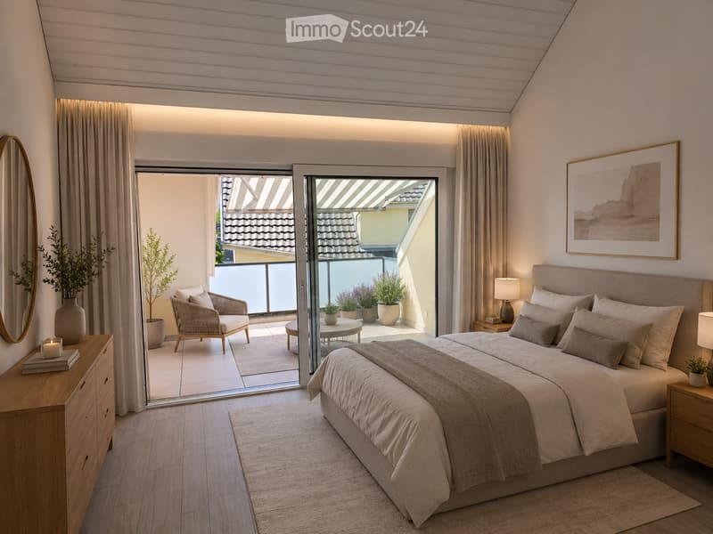 Modern bedroom with a large bed, nightstands, a mirror, a chair, a small table, and potted plants on the balcony.