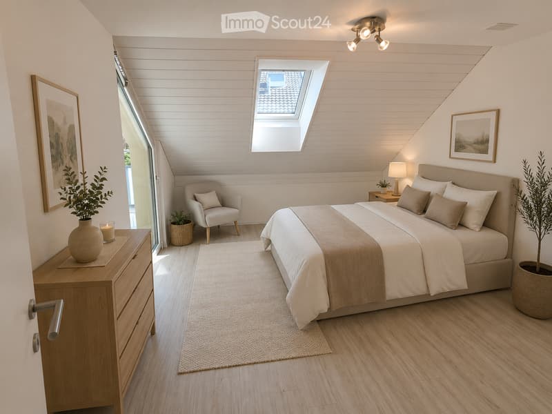 Modern bedroom with a large bed, nightstand, armchair, and decorative items including a vase and potted plants. Features wooden flooring, white walls, and a skylight window.