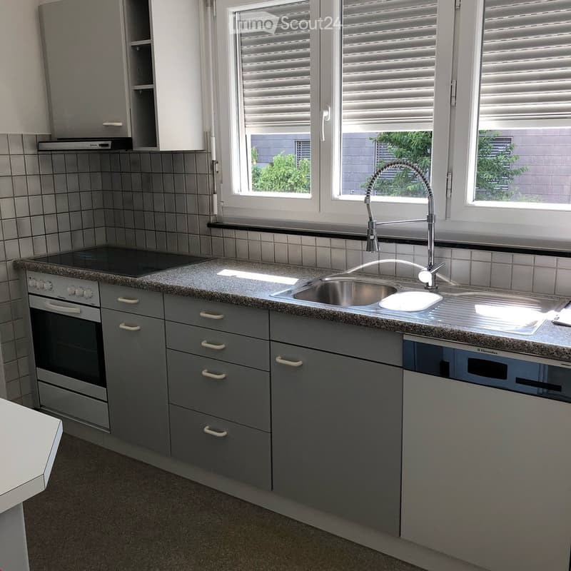 Modern kitchen with grey cabinets, granite countertop, stainless steel sink, and built-in oven and dishwasher.
