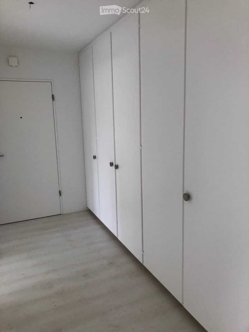 Empty room with white walls, carpeted floor, and built-in white closet units.