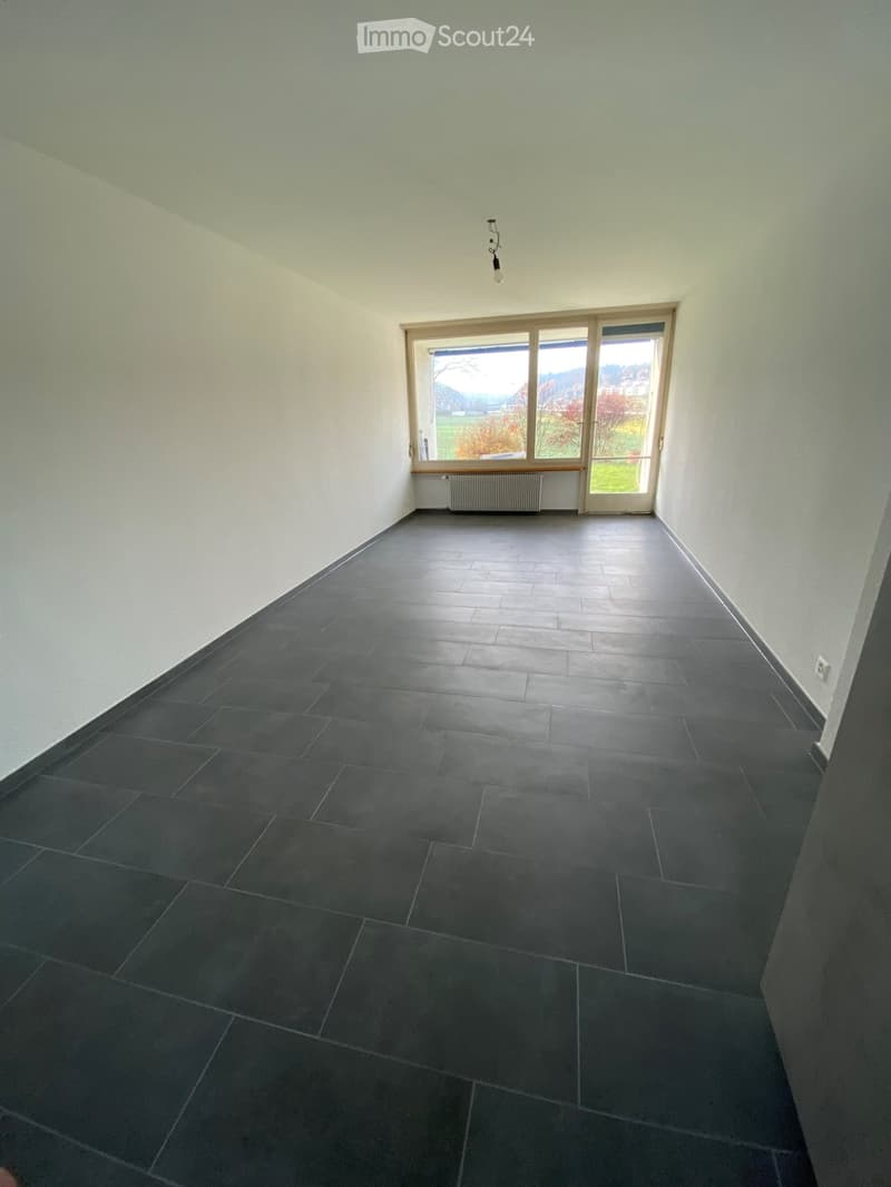 Empty room with dark grey tiled floor, white walls, large window with view, and a radiator below the window.