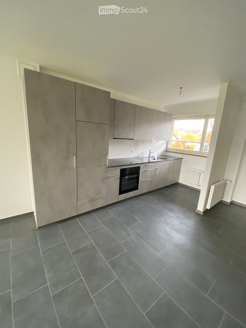 Modern kitchen with grey cabinets, dark grey tiled floor, sink, faucet, and oven. Natural light from a window on the right.