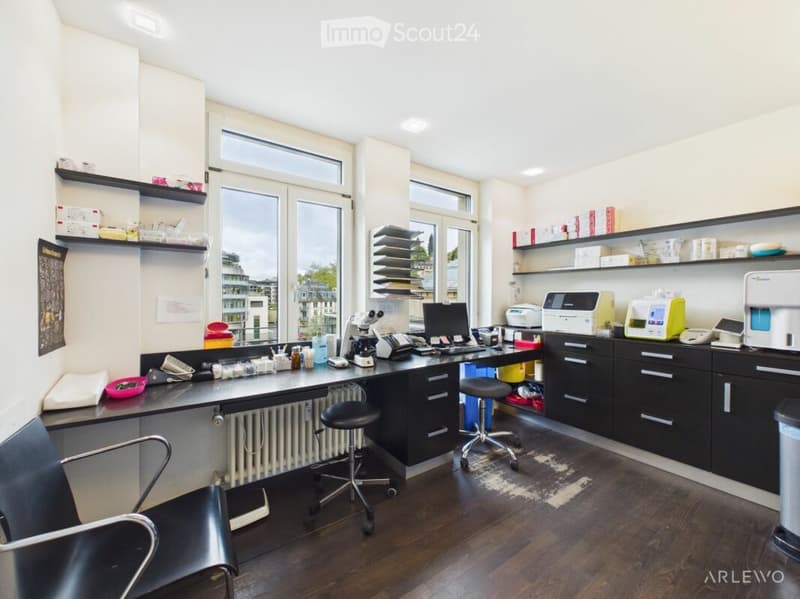 Modern office space with large windows, black furniture, microscope, computer, printer, shelves, and a radiator.