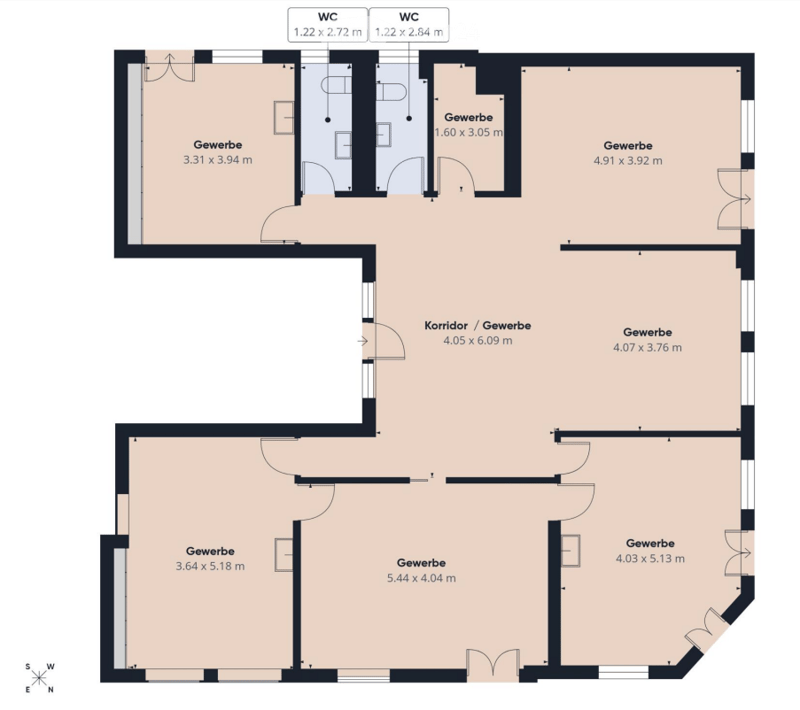 Floor plan showing multiple commercial spaces (Gewerbe) and two WC (restrooms) with dimensions labeled for each room.