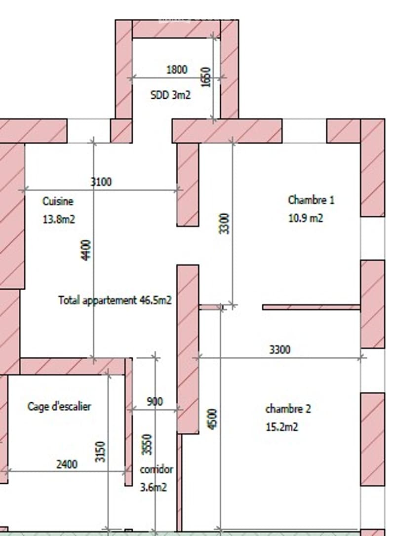 Floor plan of a 45.2 m² apartment with a kitchen (13.8 m²), two bedrooms (10.9 m² and 15.2 m²), hallway (3.6 m²), and staircase (3.6 m²).