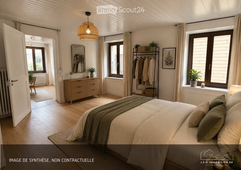 Cozy bedroom with wooden flooring, large bed with green bedding, nightstand, dresser, mirror, clothing rack, potted plants, and a hanging lamp.