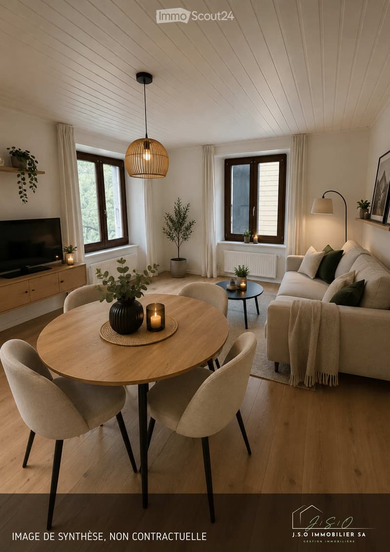 Bright living room with wooden floors, large windows, a sofa, a round wooden table with chairs, a television, and decorative plants.