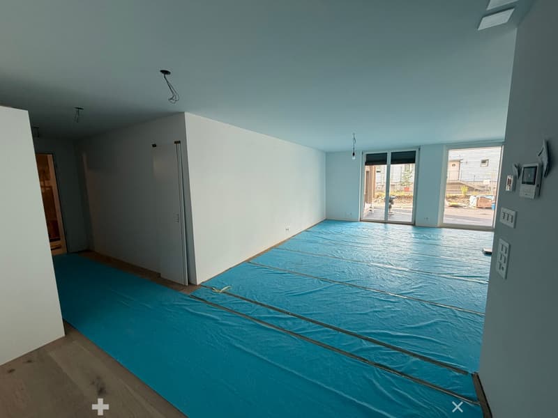 Empty room with light blue walls, wooden flooring, and large sliding glass doors leading to an outdoor area.