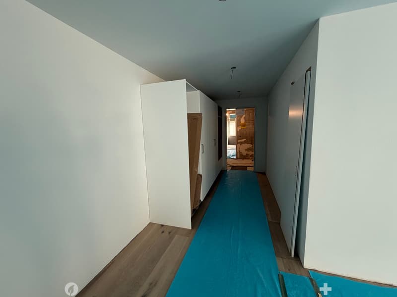 Empty hallway with white walls, wooden flooring, and a blue runner. A partially open closet door and a glimpse of a room at the end.