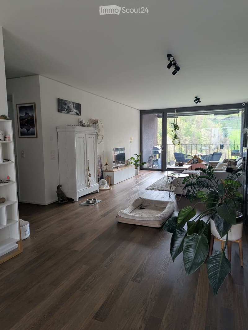 Modern living room with wooden flooring, large sliding glass doors leading to a balcony, a white cabinet, a sofa, a coffee table, a dog bed, and several plants.