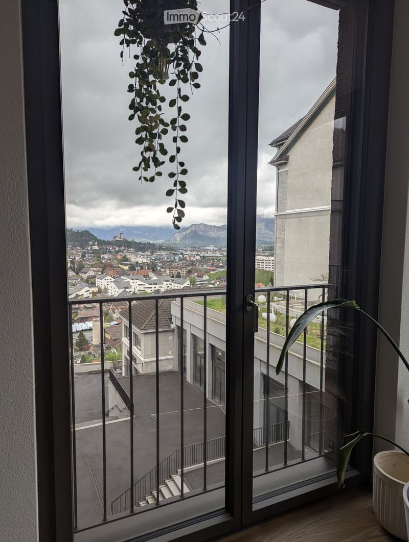 Balcony with metal railing, overlooking a cityscape with buildings and mountains in the background. Indoor plants are visible near the window.