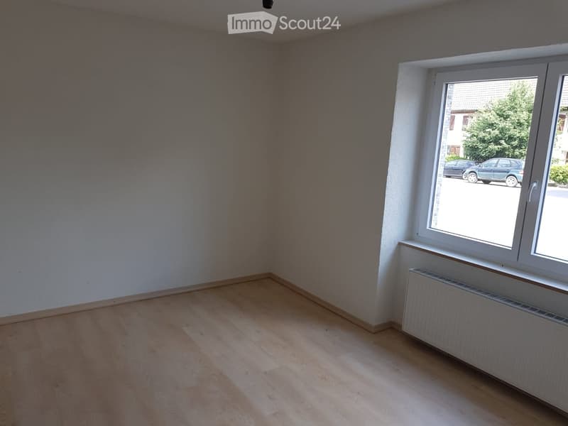 Empty room with wooden flooring, white walls, and a large window with a radiator below it.