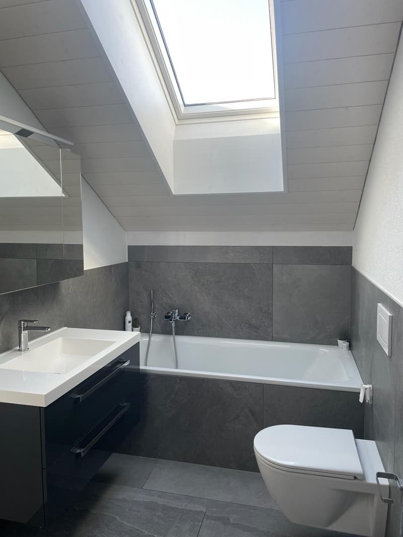 Modern bathroom with a double sink, bathtub, toilet, and large skylight window. Features grey tiled walls and a sleek, contemporary design.