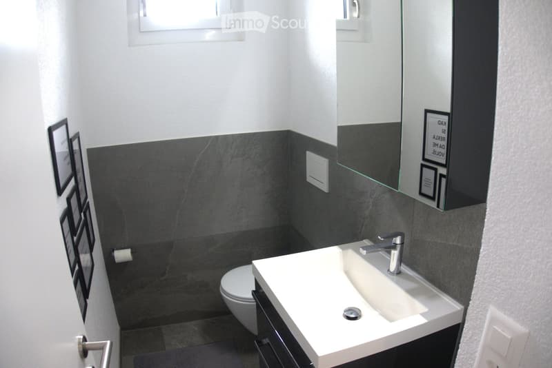 Modern bathroom with white sink, chrome faucet, large mirror, toilet, and framed pictures on the wall.