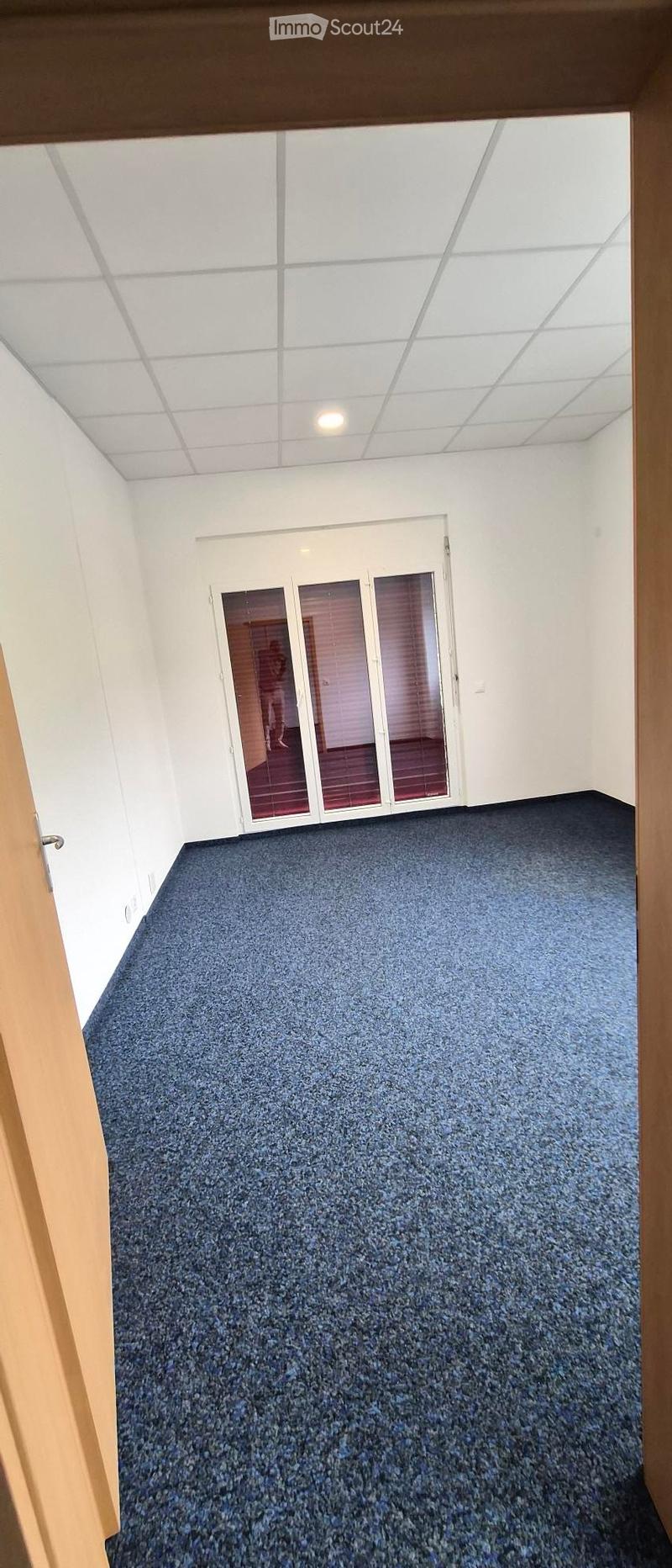 Empty room with blue carpeted floor, white walls, and a large sliding glass door with blinds leading to another space.