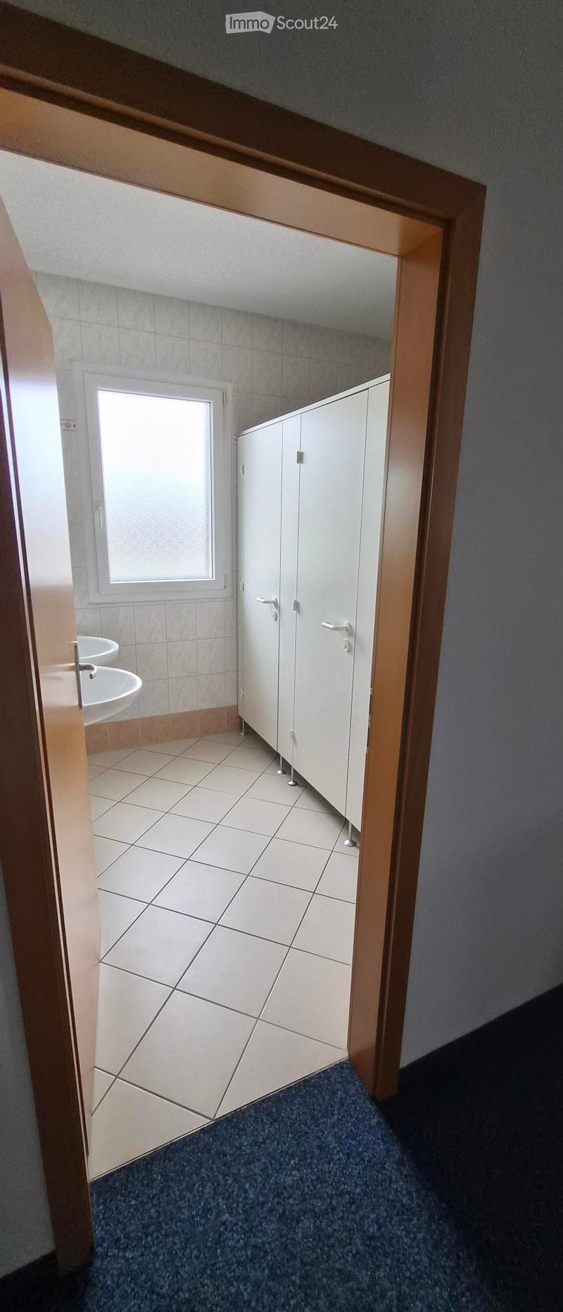 A narrow hallway with a blue carpeted floor leading to a small bathroom. The bathroom features white tiled walls, a window, two sinks, and white cabinetry.