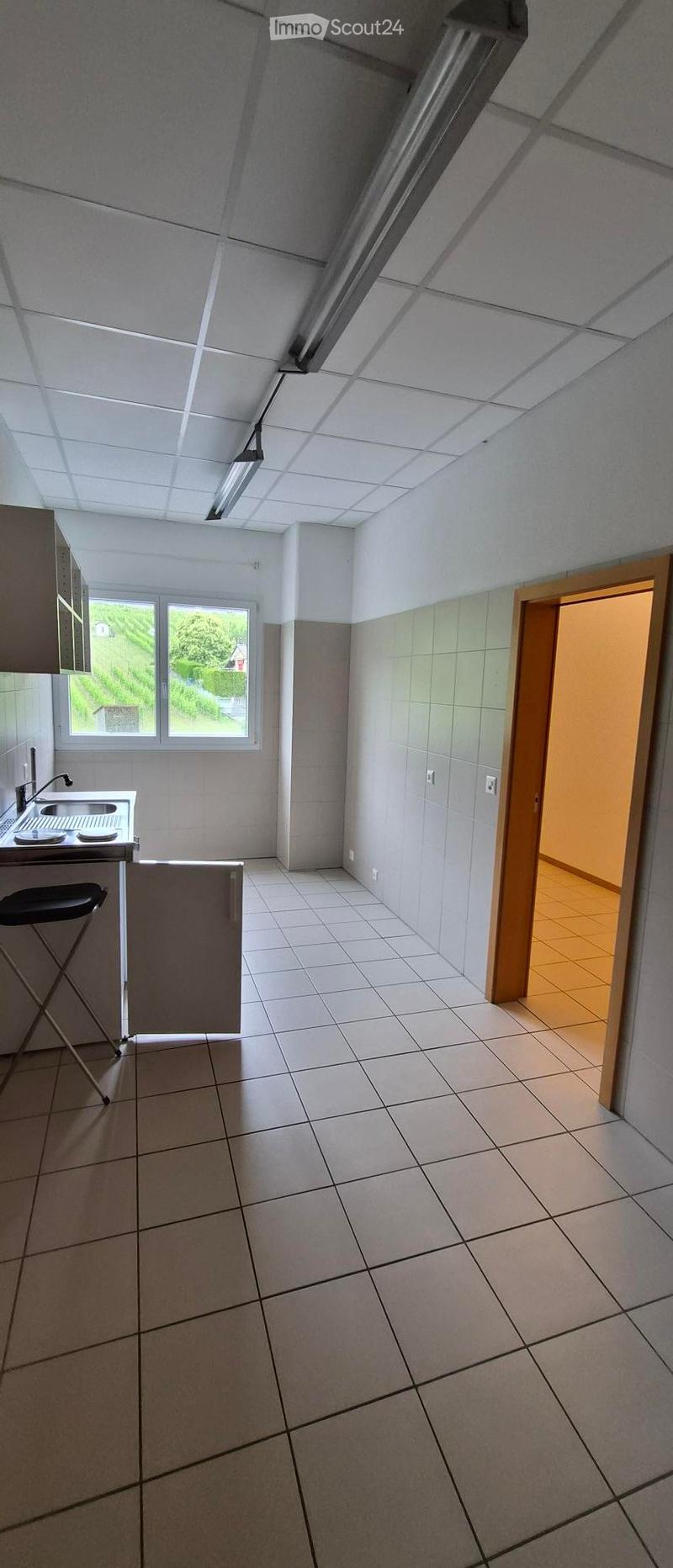 Empty kitchen with tiled floor, white walls, and a window overlooking a green area. Basic cabinetry and sink are present, but no appliances or furniture.